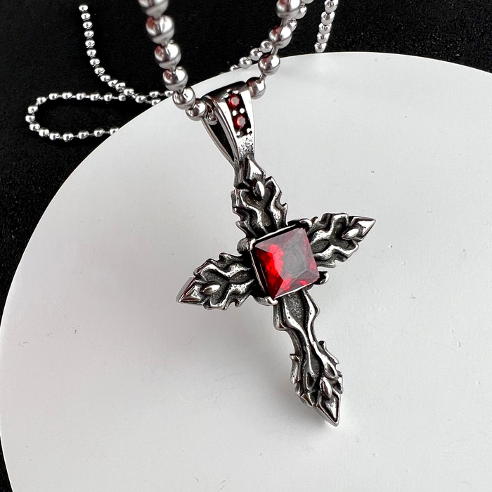 Хрестик в готичному стилі з червоним каменем з медичної сталі PSC-009 PSC-009 фото