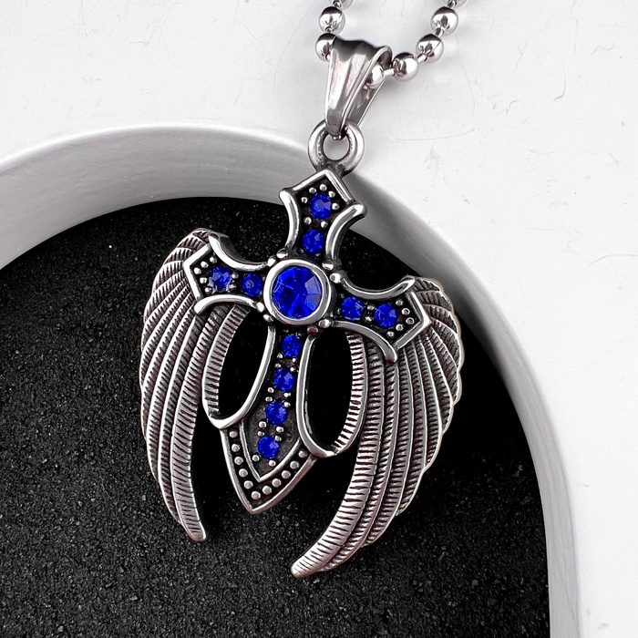 Хрестик з крилами і синіми каменями з медичної сталі PSC-052  PSC-052 фото